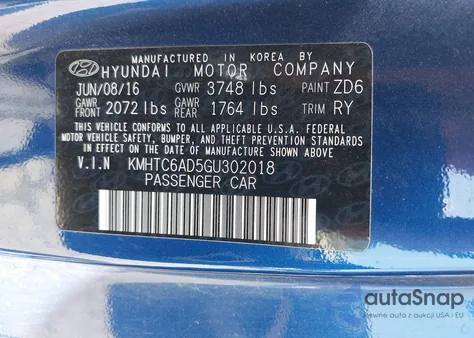 2016 Hyundai Veloster from USA, damaged, VIN KMHTC6AD5GU302018